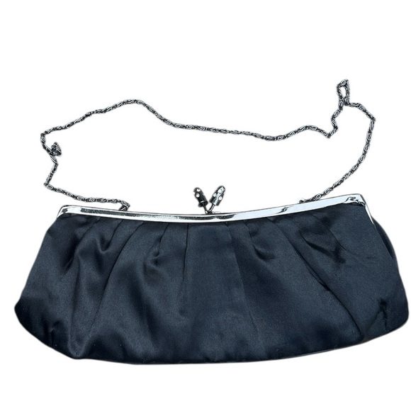 Black Satin Evening Clutch Purse with Chain Strap & Rhinestone Kiss Lock - Picture 3 of 5